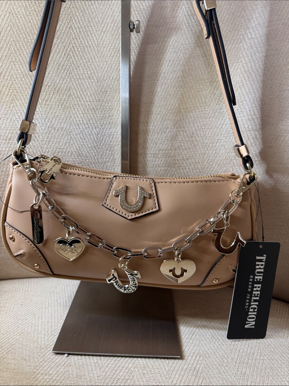 True Religion Beige Shoulder Bag with Silver Charm Chain - Picture 2 of 15